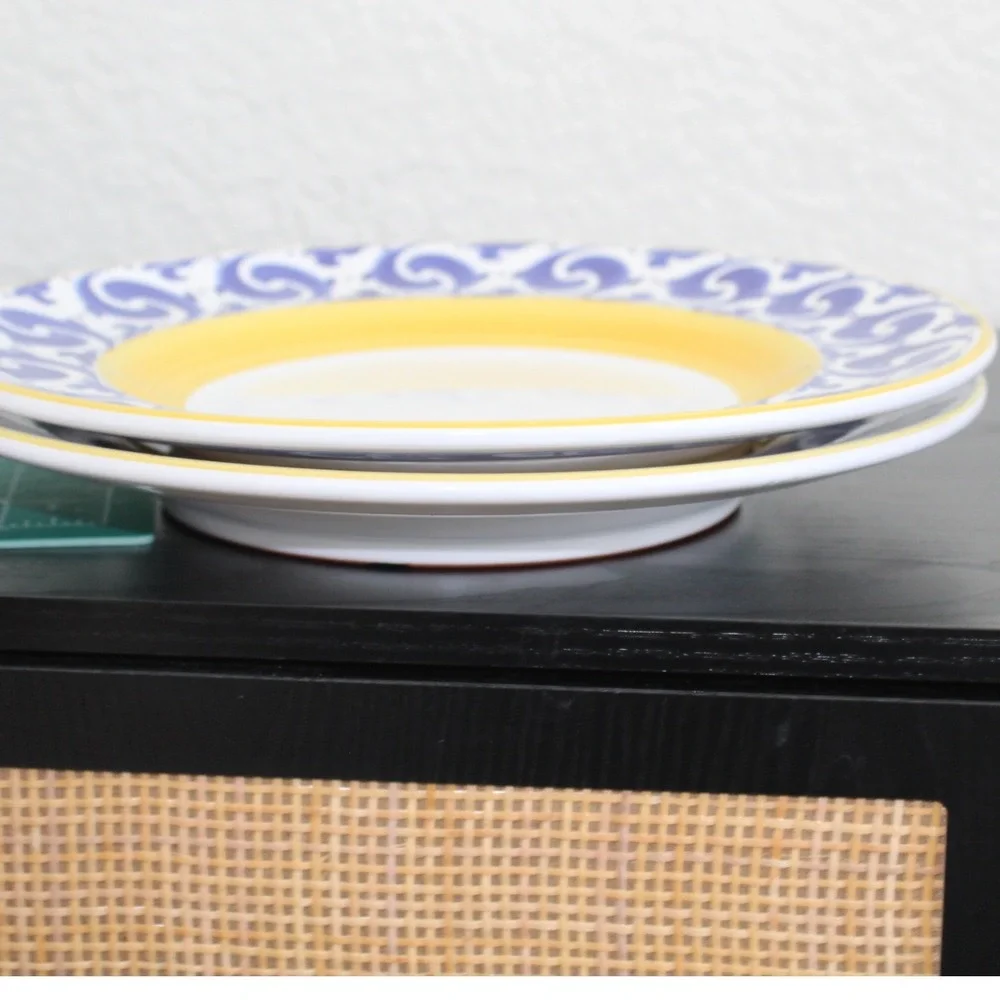 Herend Hungary Village Pottery Blue Scroll Yellow 11 Inch Dinner Plates Set - Picture 10 of 10